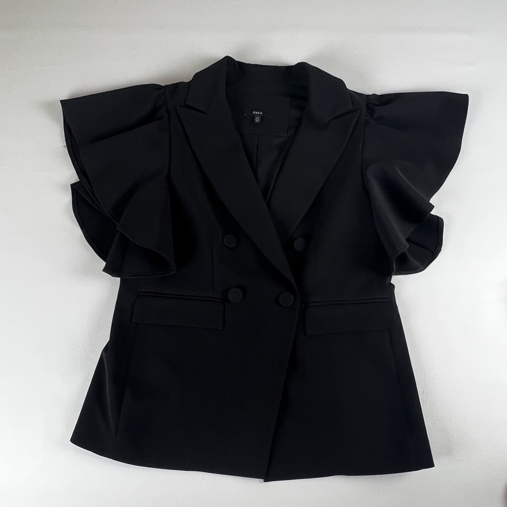 Drew Black Double Breasted Ruffle Sleeve Blazer Vest XS Made in USA